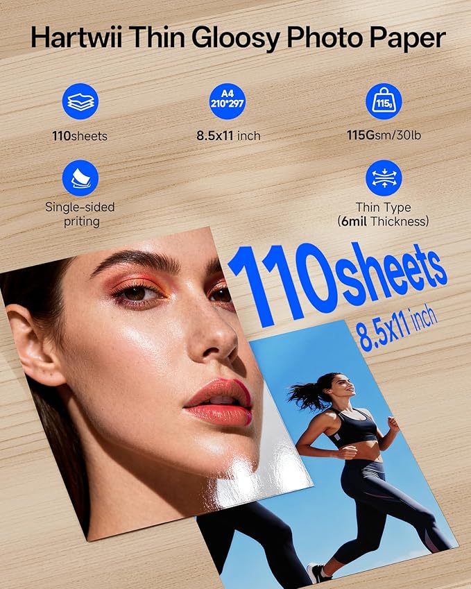 Glossy Thin Inkjet Paper 8.5x11 Inches, 110 Sheets brochure paper, 115gsm Photo Paper for Inkjet Printer with Dye Ink for Custom Chip Bag Party Favors