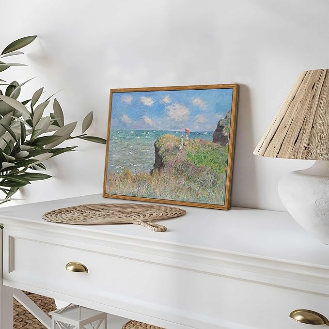 Framed Vintage Monet Wall Art Coastal Decor – Impressionist Seaside Oil Painting Canvas Prints – Nature Beach Scene Landscape Aesthetic Wall Decor for Living Room Bedroom Bathroom – 16"x24"