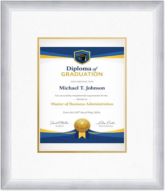 Diploma Frame Stainless Silver with Oyster Shell Over Gold Double Mat - Fits 8.5 x 11 Certificate (Portrait) Wall Display Made in the USA