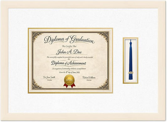 Diploma Frame with Tassel Holder Coastal Whitewash Shadowbox Oyster Shell Over Gold Mat - Fits 11 x 8.5 Degree Made in the USA