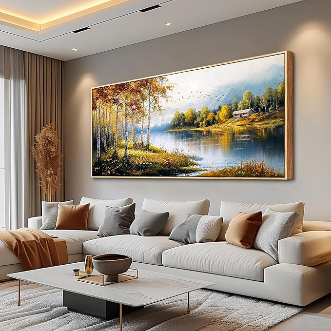 ERQINHUA Large Canvas Forest Landscape Painting Wood Framed Wall Art Living Room Wall Decor For Bedroom Lakeside Watercolour Wall Pictures Artwork Picture Office Restaurant Home Decoration 32x72 In