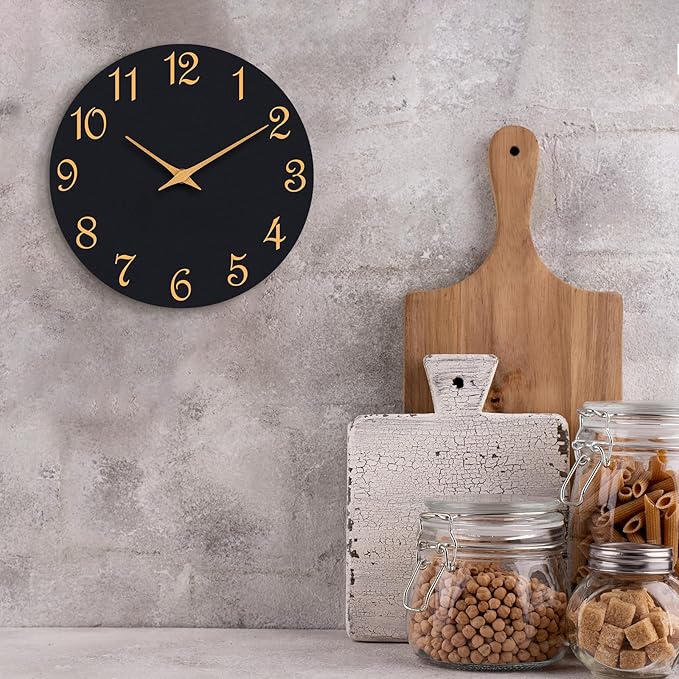 Wall Clock 12 Inch, Modern Wall Clocks Battery Operated, Silent Non Ticking Clock Decorative for Living Room, Office, Bedroom, Home, School (Black Gold)