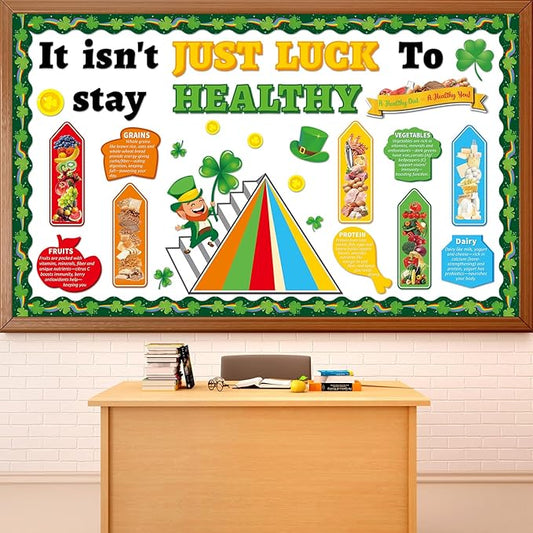 56pcs St. Patrick's Day Bulletin Board Decorations Nutrition and Health Theme Bulletin Board Green Lucky Shamrock Healthy Notes Cutouts for Irish Holiday Home Classroom School Chalkboard Wall Decor