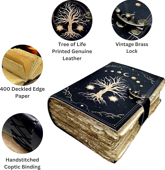 400 Pages Blank Spell Book of Shadows Journal Tree of Life Printed Witchcraft Supplies Wiccan Notebook Handmade Vintage Deckled Paper Grimoire Journal Vintage Journal , Fat Journal Witchy Gifts Women Celestial Gifts Vintage Gifts For Men & Women