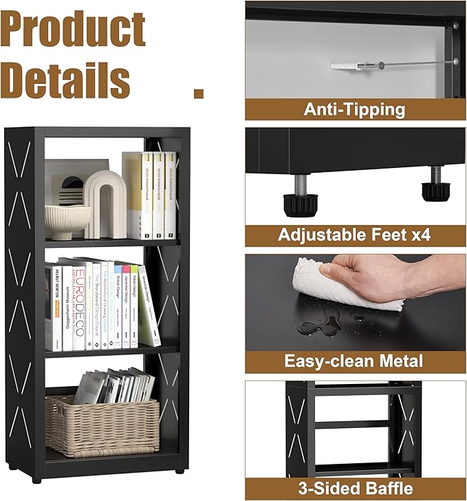 3 Tier Bookshelf, 34"Tall Metal Bookcase with Adjustable Shelves, Modern Display Book Shelf, Black Bookcase Shelf, Utility Shelf, Storage Shelves for Office, Living Room, Kitchen, Study-16"W
