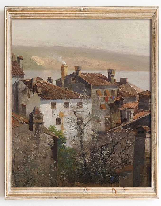 Kizbok Vintage Wall Art - Retro Rustic European Cityscape Canvas Oil Painting for Vintage Room Decor, Cozy Bedroom & Bathroom Decor (8" x 10" - UNFRAMED)