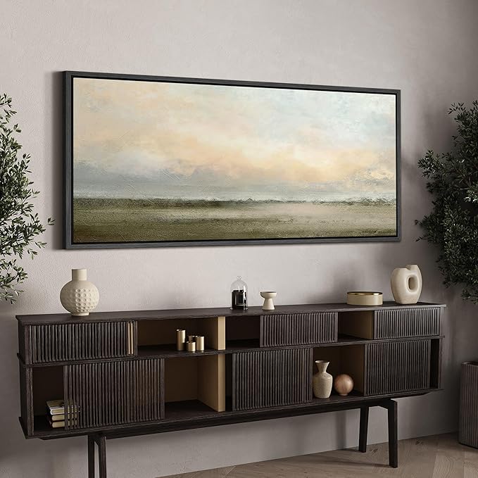 SIGNFORD Extra Large Framed Canvas Soft Sunrise Over Misty Fields Illustrations Modern Art Calm Warm for Living Room, Bedroom, Office - 60"x30"