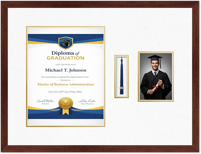Diploma Tassel and Photo Frame Rustic Walnut Shadowbox Oyster Shell Over Gold Mat - Fits 11 x 14 Degree Picture Made in the USA