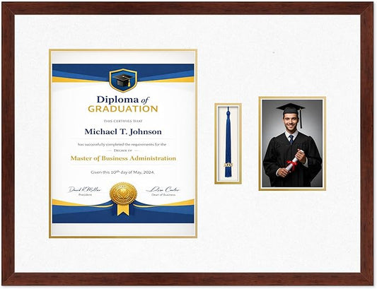 Diploma Tassel and Photo Frame Rustic Walnut Shadowbox Oyster Shell Over Gold Mat - Fits 11 x 14 Degree Picture Made in the USA