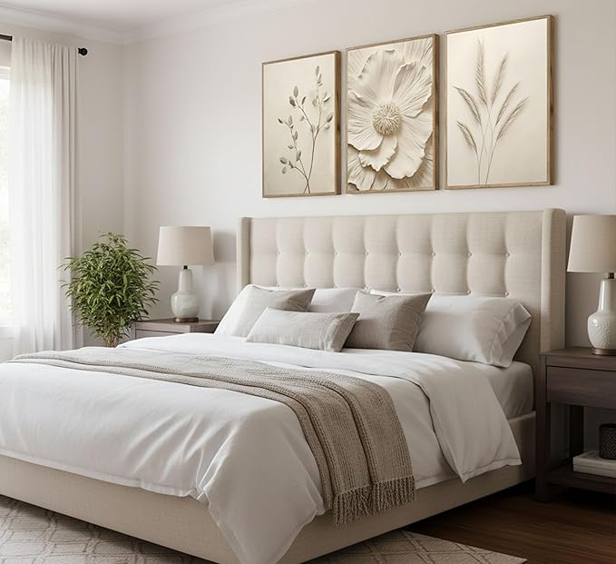 Framed 3D Textured 3Pcs Neutral Beige Floral Plant Canvas Wall art Textured Flower Botanical Painting Picture Wall Decor Vintage Blossom Poster Prints for Living Room Bedroom Bathroom Decoration