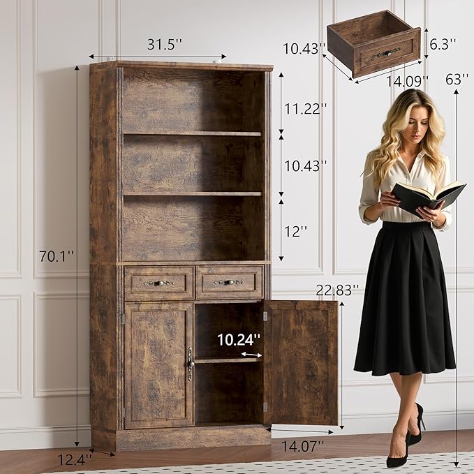 70.1" Tall Bookshelf with Drawers & Cabinet, 5-Tier Floor Standing Bookcase with Storage Doors, Adjustable Shelves & Metal Handles, 31.5" Wide Organizer for Home Office, Living Room