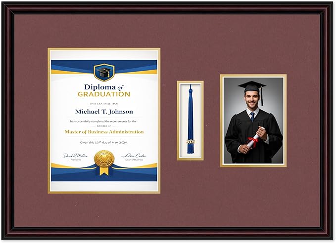 Diploma Tassel and Photo Frame Executive Brown Shadowbox Dark Red Over Gold Mat - Fits 8.5 x 11 Degree Picture Made in the USA