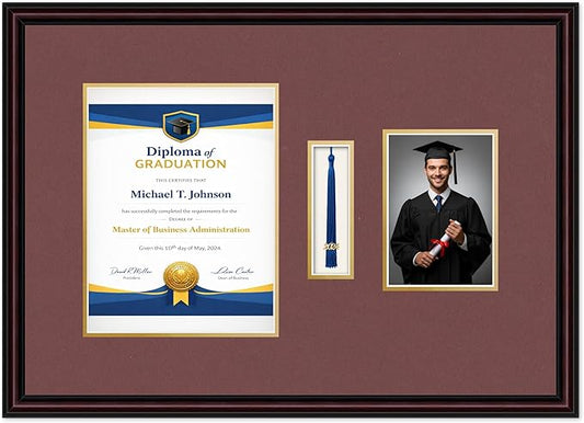 Diploma Tassel and Photo Frame Executive Brown Shadowbox Dark Red Over Gold Mat - Fits 8.5 x 11 Degree Picture Made in the USA
