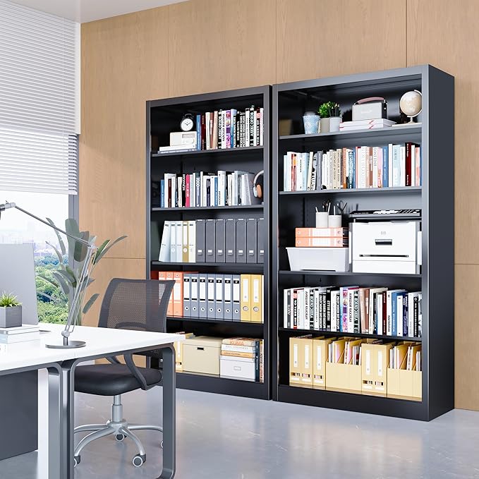 Bookcase, 5 Tier Bookshelves, 14" Deep Book Case for Book/Decor/CD/Movie, Metal Adjustable Book Shelf, 66" Tall Modern Bookshelf for Bedroom Living Room Home Office School (Black, 66"Hx33"Wx14"D)