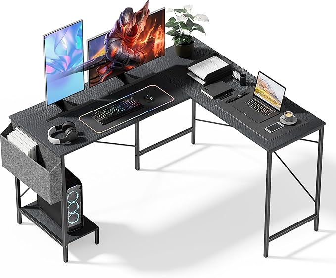 InfiniPower L Shaped Desk Gaming Computer 50 Inch Reversible Corner Table PC Work Table for Writing Study Student with Wood Tabletop Metal Frame CPU Stand Side Bag for Home Office Small Place