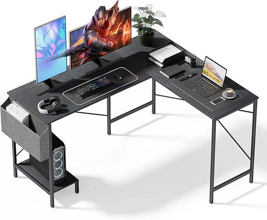 InfiniPower L Shaped Desk Gaming Computer 50 Inch Reversible Corner Table PC Work Table for Writing Study Student with Wood Tabletop Metal Frame CPU Stand Side Bag for Home Office Small Place