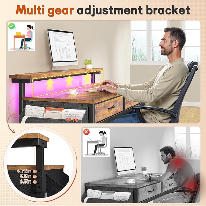 Gaming Desk with LED Lights with 2 Drawers, 31.5 Inch Desk Home Office Desk Computer Desk with Side Pocket & Ergonomic Monitor Stand, Small Space Study Writing Table with Anti-Tip Design, Rustic Brown
