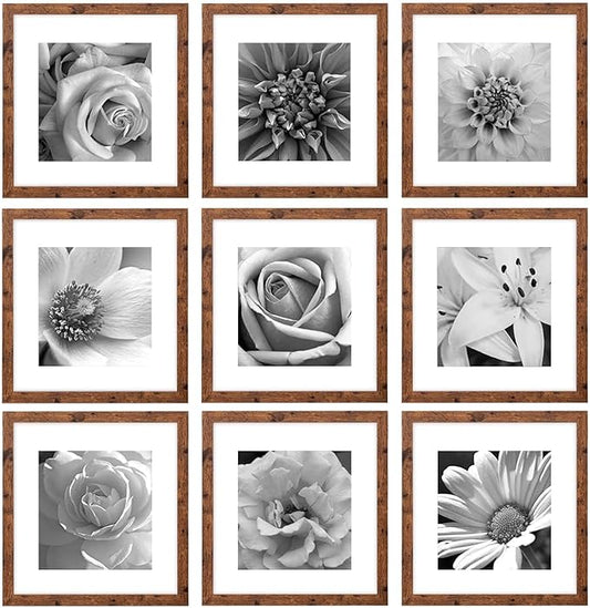eletecpro 12x12 Picture Frames Set of 9 with Mat for 8x8 Photos or without Mat for 12x12, Square Gallery Wall Decor Collage for Picture Display, Rustic Brown Frame Set for Wall Hanging