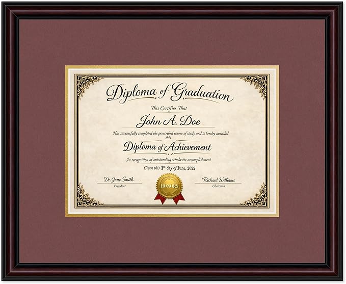 Diploma Frame Executive Brown with Dark Red Over Gold Double Mat - Fits 11.69 x 8.27 A4 Certificate Wall Display Made in the USA