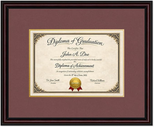 Diploma Frame Executive Brown with Dark Red Over Gold Double Mat - Fits 11.69 x 8.27 A4 Certificate Wall Display Made in the USA