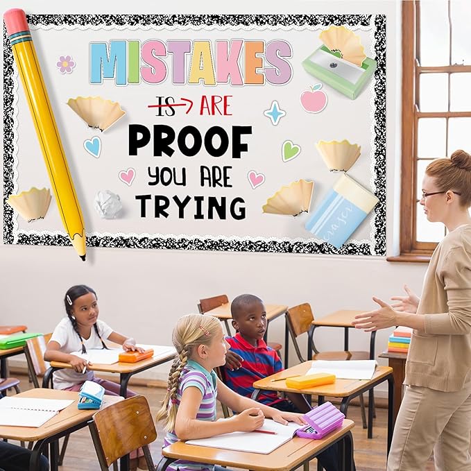 3D Back to School Bulletin Board Set with Pencil Balloon Inspirational Educational Classroom Decor Mistakes are Proof You are Trying Bulletin Board for Teacher Supplies Composition Notebook