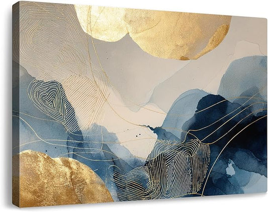 gaosoul Modern Blue Abstract Canvas Wall Art Oil Painting Gicless Prints with Gold Circles Flowing Watercolor Effects Dynamic Brushstrokes Artwork for Living Room Home Office Decor Framed 30x20in
