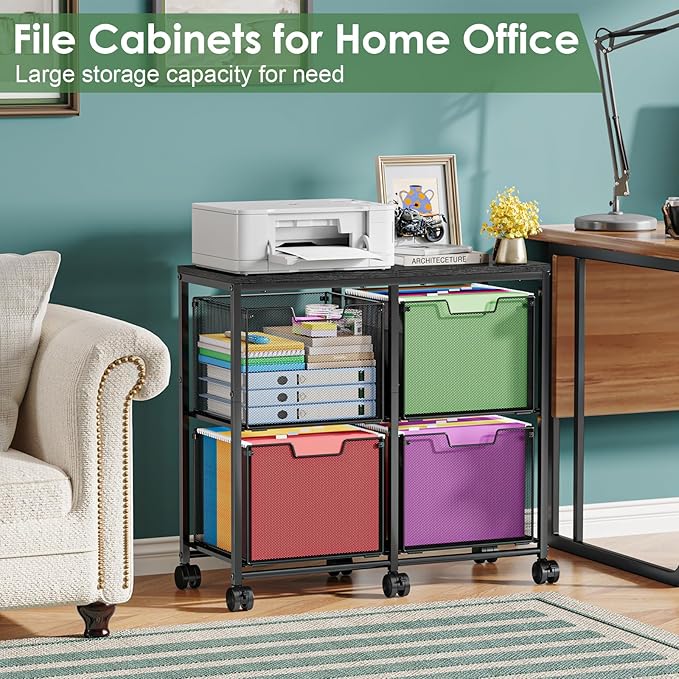 4 Drawer Lateral File Cabinet, Mobile Filing Cabinet, Printer Stand with Wheels Under Desk Storage Office Storage Cabinet Fits Letter Size for Home Office, Black