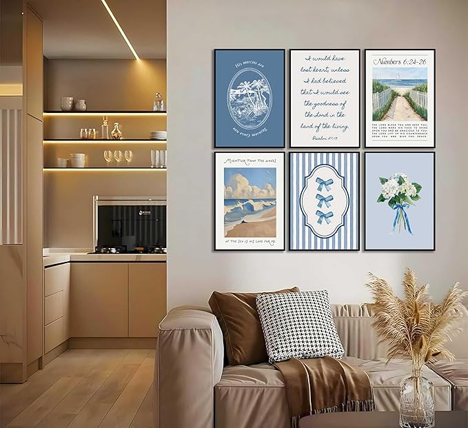 6Pcs Blue Coastal Christian Wall Art Bible Verse Canvas Painting Coastal Granddaughter Preppy Pictures Wall Decor Blue Hydrangea Bow Aesthetics Posters Prints for Girls Bedroom Living Unframed