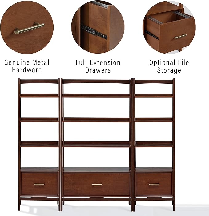 Crosley Furniture Landon 3-Piece Bookshelf Etagere Set, Bookcase with Shelves and File Drawers, Mahogany
