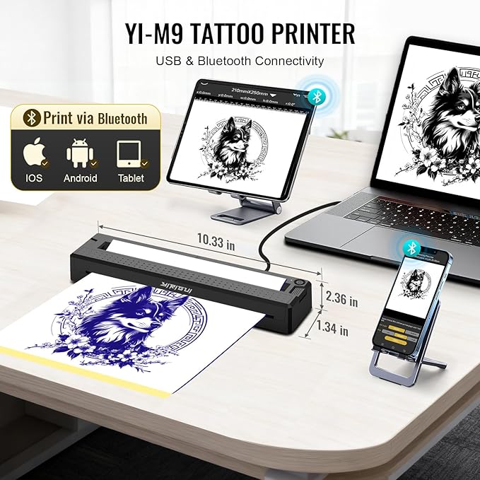 2026 New 2 in 1 Tattoo Stencil & Document Printer, Wireless Bluetooth Thermal Printer - HD Fast Transfer, Portable Easy-to-Use for Tattoo Artists/Shops, Travel, Home, Office - Black
