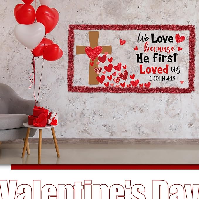 Fuutreo 44 Pcs Valentine's Day Christian Bulletin Board Decor We Love Because He First Loved Us Christian Jesus Bulletin Board Religious Heart Cutouts with Tinsel Twist Garland for Valentine Decor