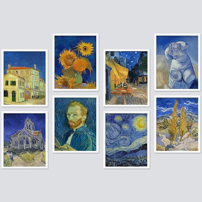 SIGNWIN Framed Poster Bathroom Decor, Wall Art Room Decor Multicolor for Living Room, Bedroom, Office Vincent Van Gogh Sunflower Starry Night Vintage Illustrations Bohemian - 8"x10"x 8 White