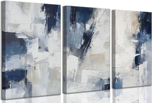 3pcs Navy Blue Abstract Canvas Wall Art Modern Minimalist Neutral Blue White Painting Picture Wall Decor Posters Prints Artworks for Living Room Bedroom Office Home Decoration
