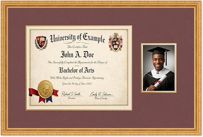 CountryArtHouse Fits 15 x 12 Military/Government and 5 x 7 Photo Diploma and Photo Frame Museum Gold Genuine Hardwood with Dark Red Over Metallic Gold Double mat