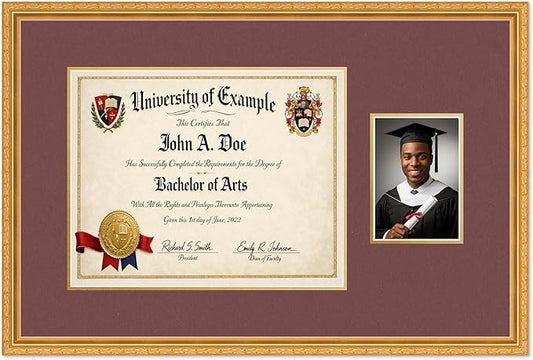 CountryArtHouse Fits 15 x 12 Military/Government and 5 x 7 Photo Diploma and Photo Frame Museum Gold Genuine Hardwood with Dark Red Over Metallic Gold Double mat