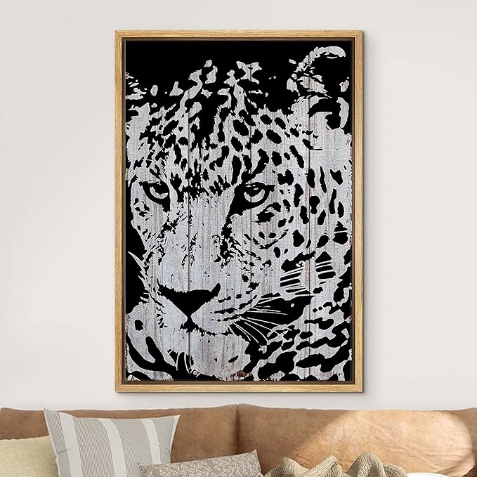 IDEA4WALL Framed Canvas Print Wall Art Grayscale Spotted Leopard on Grey Wood Panels Animals WildLife Illustrations Modern Art Tropical Portrait for Living Room, Bedroom, Office - 24"x36" NATURAL