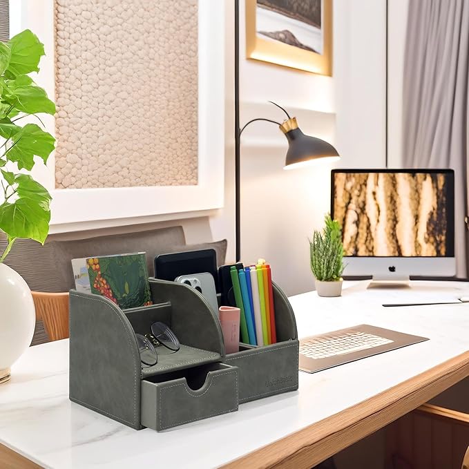 UnionBasic Desk Organizer - Multifunctional Leather Desktop Pen Holder Storage Box - Business Card/Pen/Pencil/Mobile Phone/Stationery Holder