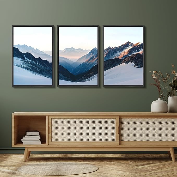 SIGNFORD Framed Wall Art Print Set Snowy Mountain Valley Majestic Winter Alpine Scene Digital Art Modern Art Contemporary for Living Room, Bedroom, Office - 16"x24"x3 Black
