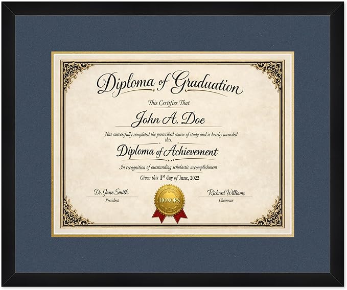 Diploma Frame Matte Black with Navy Blue Over Gold Double Mat - Fits 17 x 13 International Diploma Wall Display Made in the USA