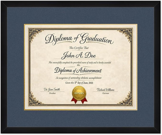 Diploma Frame Matte Black with Navy Blue Over Gold Double Mat - Fits 17 x 13 International Diploma Wall Display Made in the USA