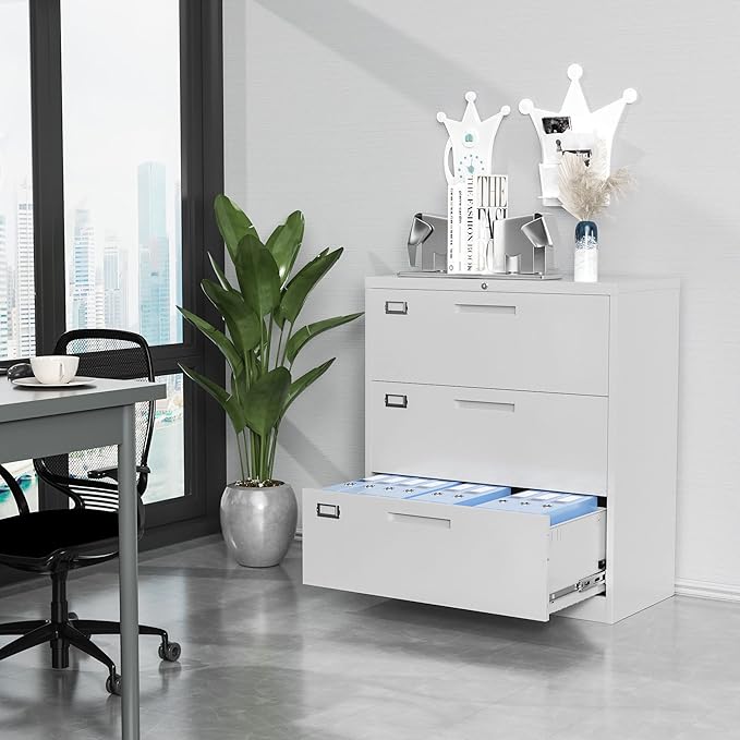 Metal 3 Drawer Lateral File Cabinet with Lock, Wide&Deep Filing Cabinet for Letter/Legal/F4/A4 Hanging Files, Includes Business Card Holder, Home Office School Storage