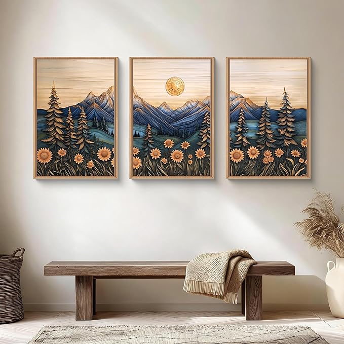 Aryroi Vintage Woodcut Style Mountain Framed Canvas Wall Art Set, Natural Forest Pine Tree Sunflower Wall Decor,Abstract Sunrise Botanical Landscape Artwork for Living Room,Bedroom,Office-24 x36 x3