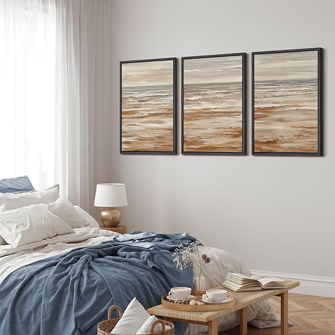 MUDECOR Framed Wall Art Print Set Neutral Coastal Seascape Minimalist Ocean Waves and Sandy Shore Illustrations Modern Art Boho Decorative for Living Room, Bedroom, Office - 16"x24"x3 BLACK