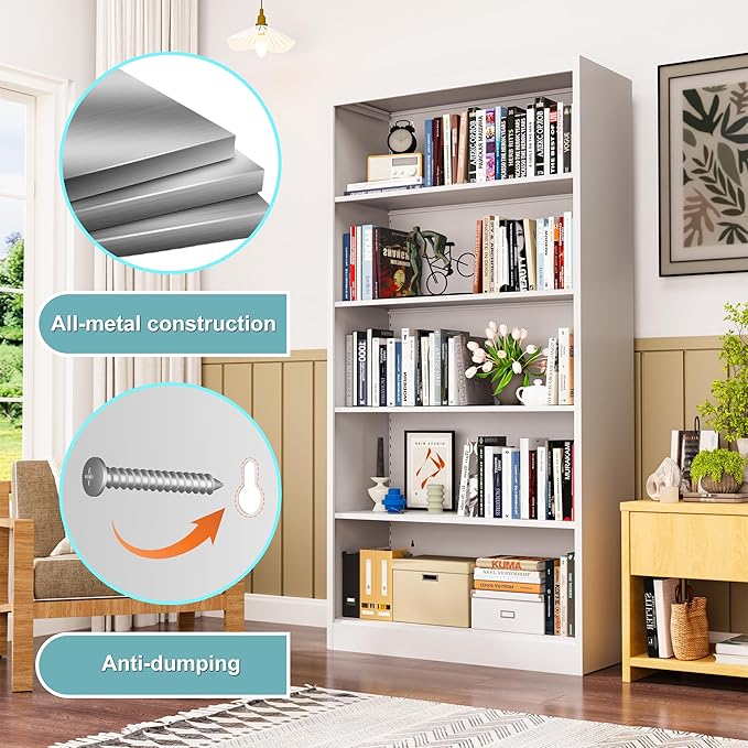 Bookcase,5 Tier Bookshelf,55" Tall Free Standing Metal Bookcase with Adjustable Storage Shelves,Wide Bookshelf for Bedroom Living Room Home Office School (White)