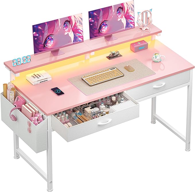 47.3 Inch Office Computer Desk with LED Lights & 2 Fabric Drawers, Gaming Desk with Side Pocket & Ergonomic Monitor Stand, Small Space Study Writing Table with Anti-Tip Design,Pink