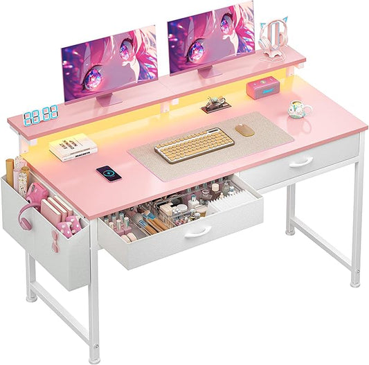 47.3 Inch Office Computer Desk with LED Lights & 2 Fabric Drawers, Gaming Desk with Side Pocket & Ergonomic Monitor Stand, Small Space Study Writing Table with Anti-Tip Design,Pink