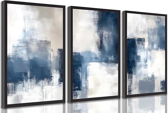 3 Pcs Navy Blue Abstract Canvas Wall Art Modern Minimalist Neutral Blue and Grey Paintings Pictures Wall Decor Poster Print Artwork for Living Room Bedroom Office Home Decoration Unframed