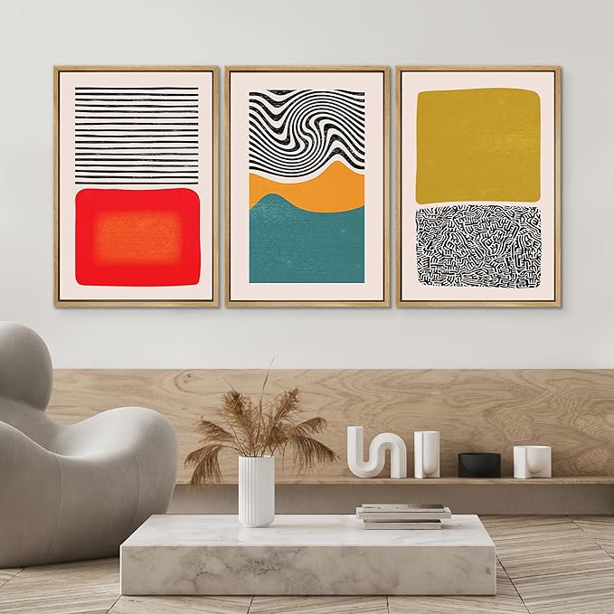 SIGNWIN Framed Canvas Print Wall Art Set Mid-Century Color Blocks & Spirals Abstract Shapes Illustrations Modern Art Contemporary Minimal Ultra for Living Room, Bedroom, Office - 16"x24"x3 Natural