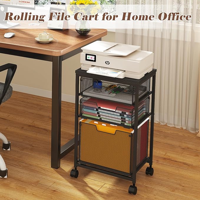 Rolling File Cart with 3 Drawers, Metal Mobile Filing Cabinet for Home Office, Hanging Folder Holder with Printer Stand, Utility Cart Under Desk Storage Organizer with Wheels, Black