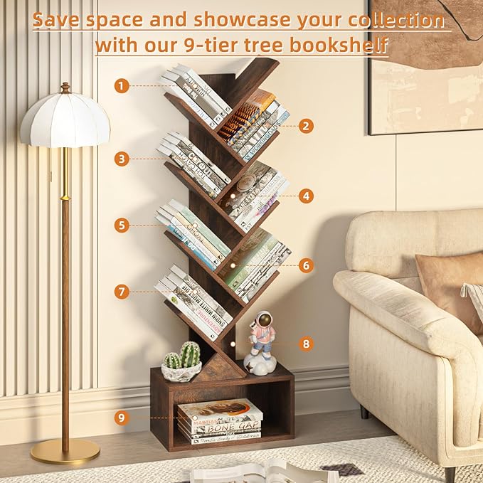 9 Tier Tree Bookshelf,Christmas Green Bookcase for Narrow Space, Storage Organizer Floor Standing Bookshelves for Books, Tall Book Case for Home Office, Living Room, Bedroom